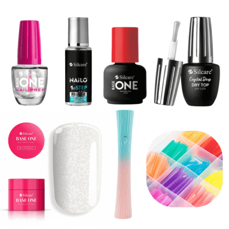 Kit de gel com Moldes Dual Forms F1+ Mini Lâmpada LED/UV- Gel de construção Milkshake Shimmer (brilhante) 100g UV Silcare