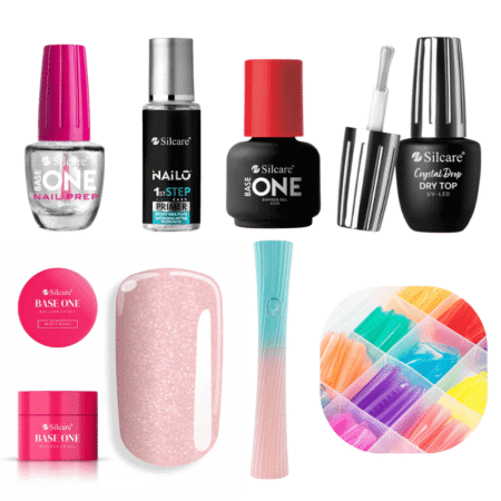 Kit de gel com Moldes Dual Forms F1+ Mini Lâmpada LED/UV- Gel de construção Misty Rose (brilhante) 100g UV Silcare